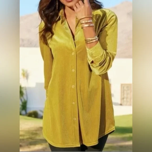 Soft Surroundings Textured Velvet Boyfriend Shirt Women's Large Amber Yellow - Picture 3 of 10
